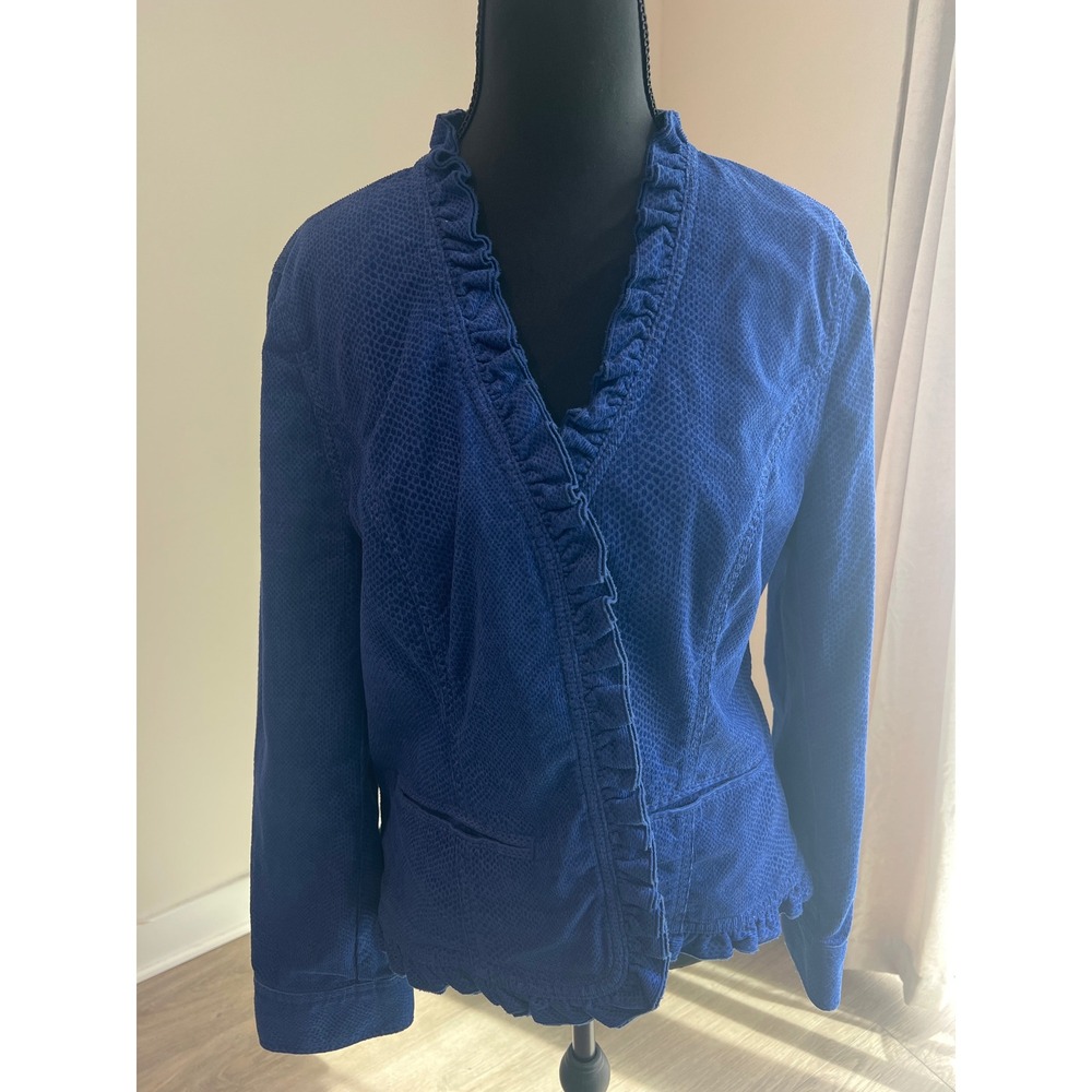 Chicos Royal Blue Corduroy Snakeskin Embossed Ruffle Trim Blazer Size 1 Medium